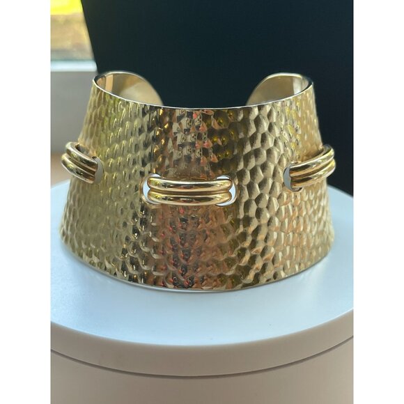 Hammered Gold Plated Ornate Design Cuff Vintage Thick Concave Bracelet Runway 80 - Picture 7 of 14